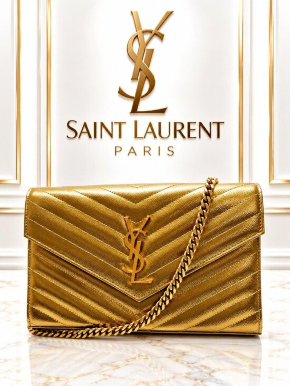 Authentic Saint Laurent YSL Monogram Envelope Gold Metallic Chevron Shoulder Bag